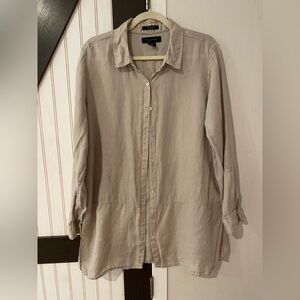 Tahari 100% Linen Tunic Size L beige Button Up Top Beachy Coastal Boho Lagenlook
